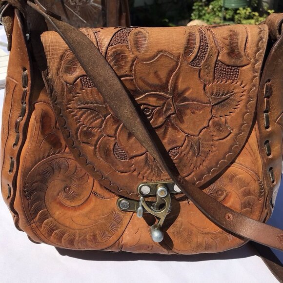 Vtg Western Hand Tooled Leather Clutch Handbag Handmade Mexico Boho Crossbody - Picture 1 of 16